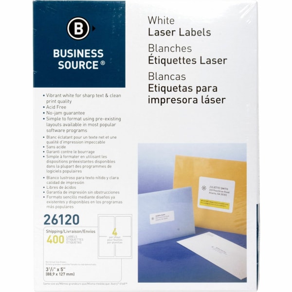 Business Source Bright White Premium-quality Address Labels - 3 1/2in Width x 5in Length - Permanent Adhesive - Rectangle - Laser, Inkjet - White - 4 / Sheet - 100 Total Sheets - Lignin-free, Jam-free - 400 / Pack