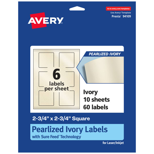 Avery Pearlized Permanent Labels With Sure Feed, 94109-PIP10, Square, 2-3/4in x 2-3/4in, Ivory, Pack Of 60 Labels
