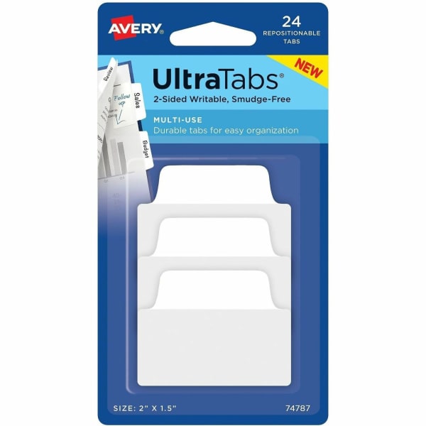 Avery Ultra Tabs Repositionable Multi-Use Tabs - 24 Tab(s) - 8 Tab(s)/Set - Clear Film, White Paper Tab(s) - 24 / Pack