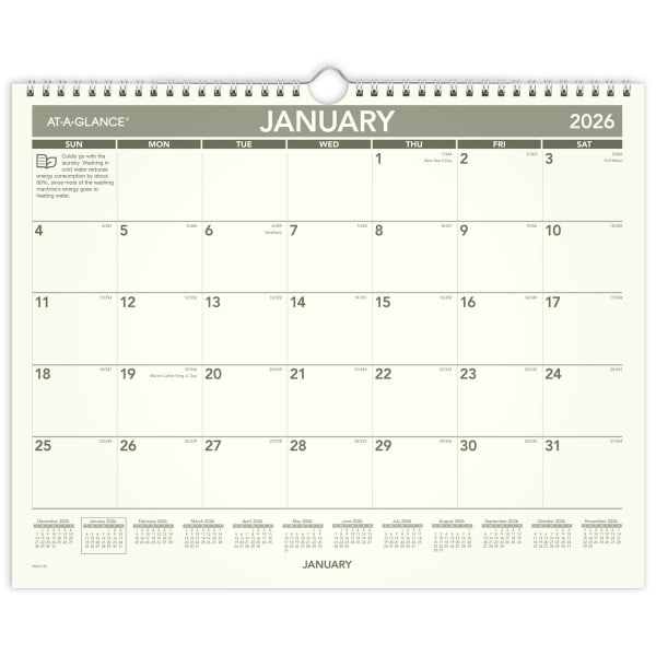 AT-A-GLANCE 2026 Recycled Monthly Wall Calendar, Medium, 15in x 12in