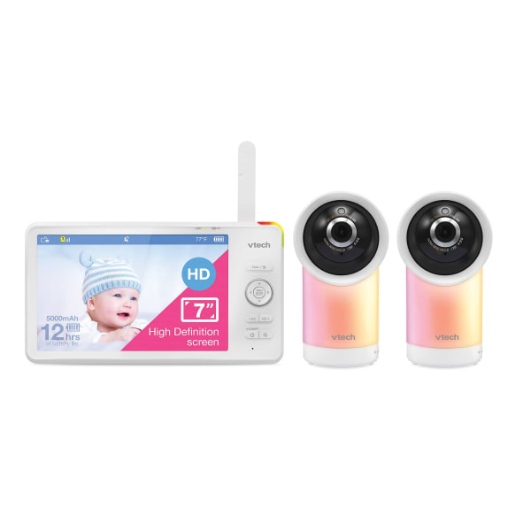 VTech Smart Wi-Fi 1080p 2-Camera 360 deg.-Pan-And-Tilt Video Baby Monitor System With 7in Display, Night-Light And Remote Access, 4.51inH x 8.03inW x 0.73inD, White