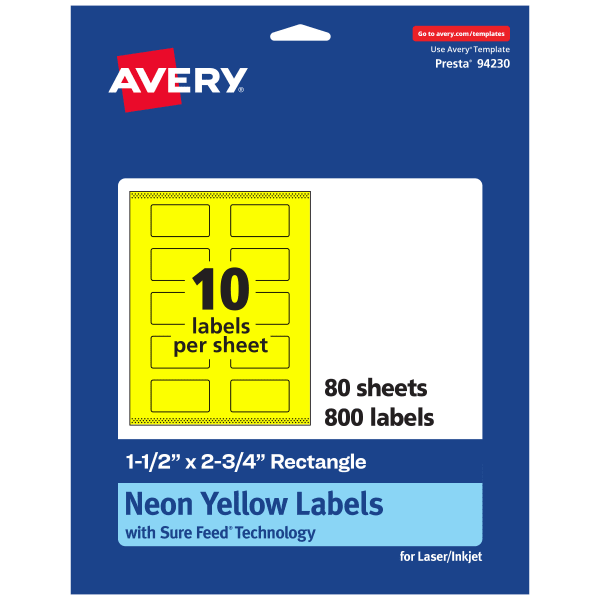 Avery Print-To-The-Edge Labels With Sure Feed Technology And Easy Peel, 94230-NYP80, Rectangle, 1-1/2in x 2-3/4in, Matte Neon Yellow, Pack of 800