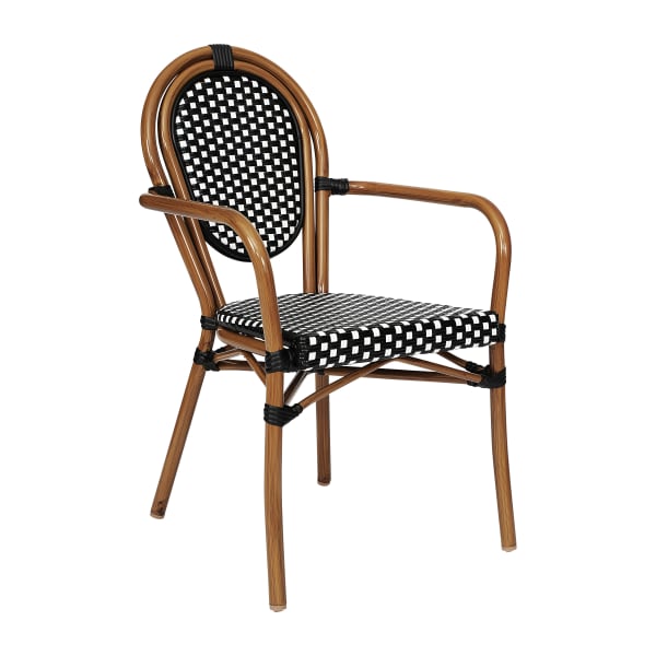 Flash Furniture Lourdes Indoor/Outdoor Commercial Thonet Bistro Stacking Chair with Arms, PE Rattan and Aluminum Frame, Black & White/Natural Frame