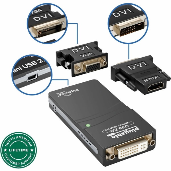 Plugable USB 2.0 to DVI, VGA, or HDMI Multi-Monitor External Video Graphics Card Adapter up to 1920x1080 - Supports Windows 11, 10, 8.1, 7, XP, Mac, and ChromeOS