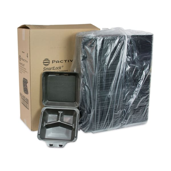 Pactiv Evergreen SmartLock Foam Hinged Lid Containers, Large, 3-Compartment, 3-1/4inH x 9inW x 9-1/2inD, Black, Carton Of 150 Containers