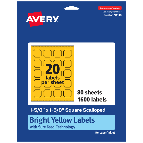 Avery Print-To-The-Edge Labels With Sure Feed Technology, 94110-BYP80, Square Scalloped, 1-5/8in x 1-5/8in, Matte Bright Yellow, Pack of 1600