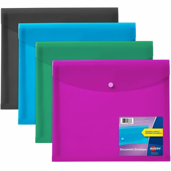 Avery Letter, A4 Recycled Filing Envelope - 450 Sheet Capacity - Plastic, Polypropylene - Black, Aqua, Sage, Plum - 0% Recycled - 4 / Pack