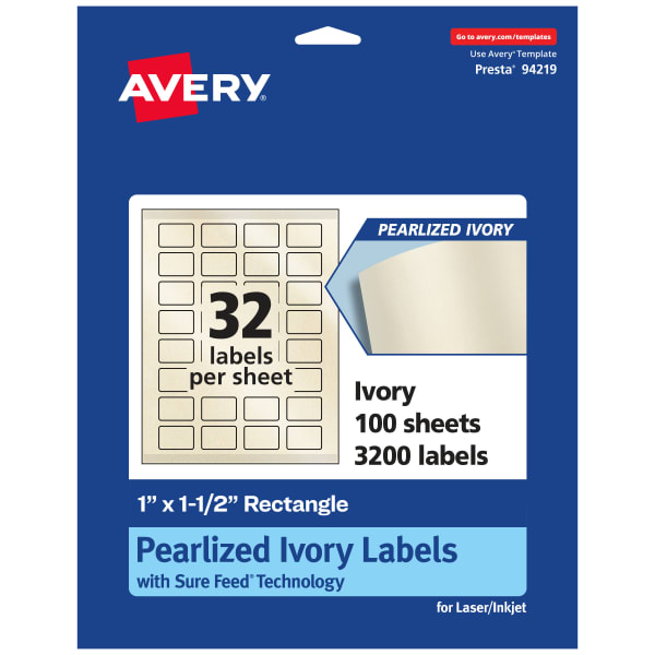 Avery Pearlized Permanent Labels With Sure Feed, 94219-PIP100, Rectangle, 1in x 1-1/2in, Ivory, Pack Of 3,200 Labels