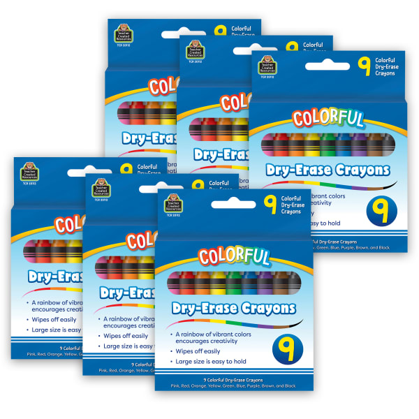 Teacher Created Resources Colorful Dry-Erase Crayons, Assorted Colors, 9 Crayons Per Pack, Set Of 6 Packs