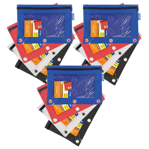 BAZIC Products 3-Ring Pencil Pouches with Clear Windows, 9-13/16in x 7in, Assorted Colors, Pack Of 12 Pouches