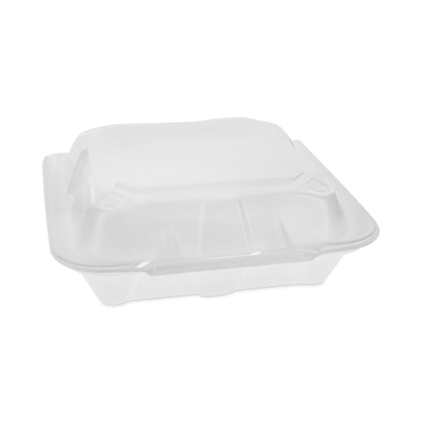 Pactiv Evergreen Vented Foam Hinged Lid Containers, Dual Tab Lock Economy, 3inH x 8-7/16inW x 8-3/16inD, White, Carton Of 150 Containers