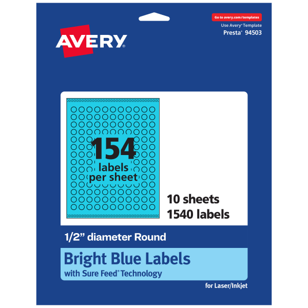 Avery Print-To-The-Edge Labels With Sure Feed Technology And Easy Peel Label Feature, 94503-BBP10, Round, 1/2in, Matte Bright Blue, Pack of 1540