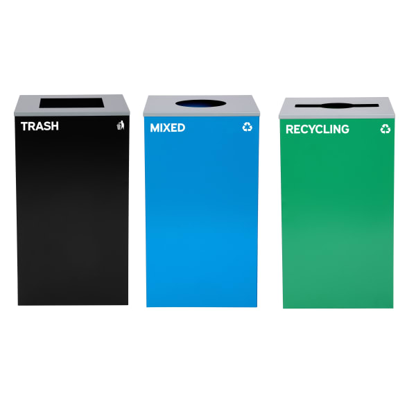Alpine Industries Stainless-Steel Open Top Mixed Recycling And Trash Can Set With Square, Mixed And Circle Lids, 29 Gallons, 30inH x 16-15/16inW x 16-15/16inD, Black/Blue/Green, Set Of 3 Trash Cans