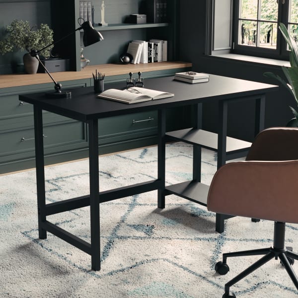 Martha Stewart Beckett 47.5inW Home Office Trestle Computer Desk With Shelves, Black Wood Grain