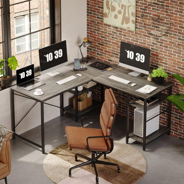 Bestier L-Shaped Corner Computer Desk With Storage Shelf, And Cable Management, 60inW, Dark Retro Gray Oak