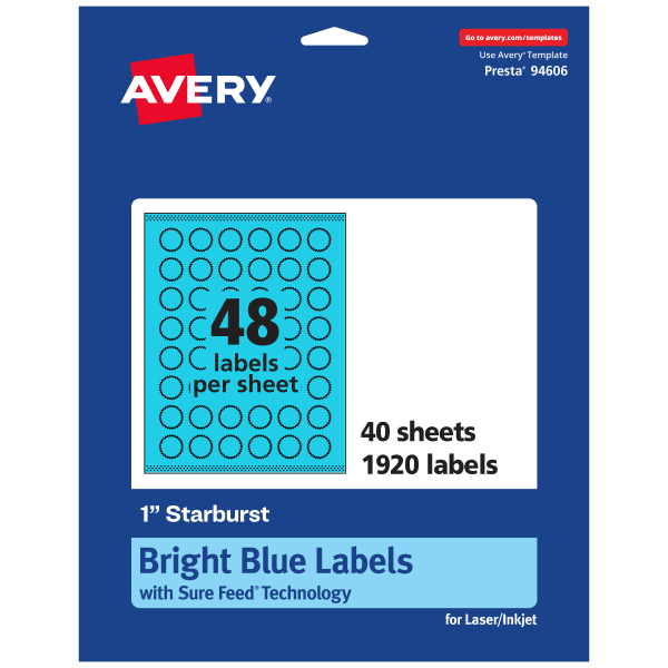 Avery Print-To-The-Edge Labels With Sure Feed Technology, 94606-BBP40, Starburst, 1in, Matte Bright Blue, Pack of 1920