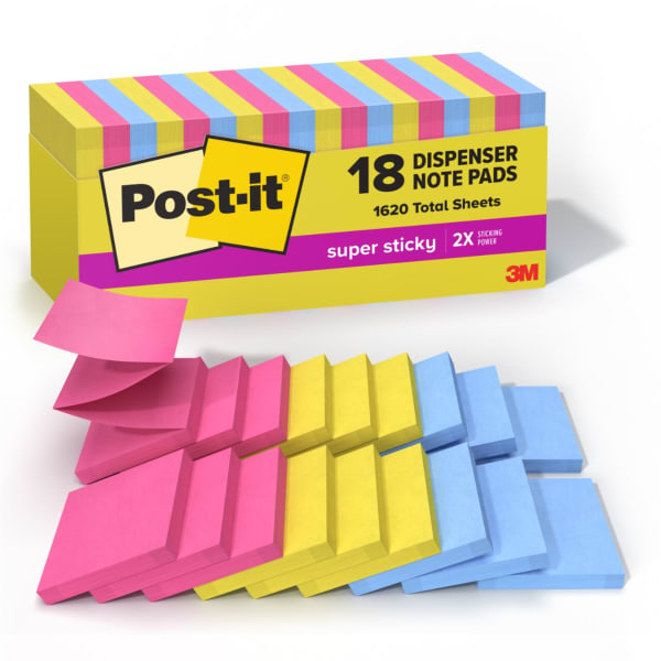 Post-it Super Sticky Notes, 3 in x 3in, 18 Pads, 90 Sheets/Pad, 2x the Sticking Power, Summer Joy Collection