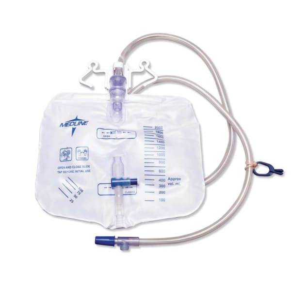 Medline Urology Drainage Bags, Metal Port, 2,000 mL, Clear, Pack Of 20 Bags