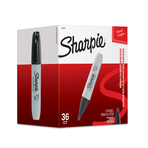 Sharpie Permanent Markers, Chisel Tip, Gray Barrel, Black Ink, Pack Of 36 Markers