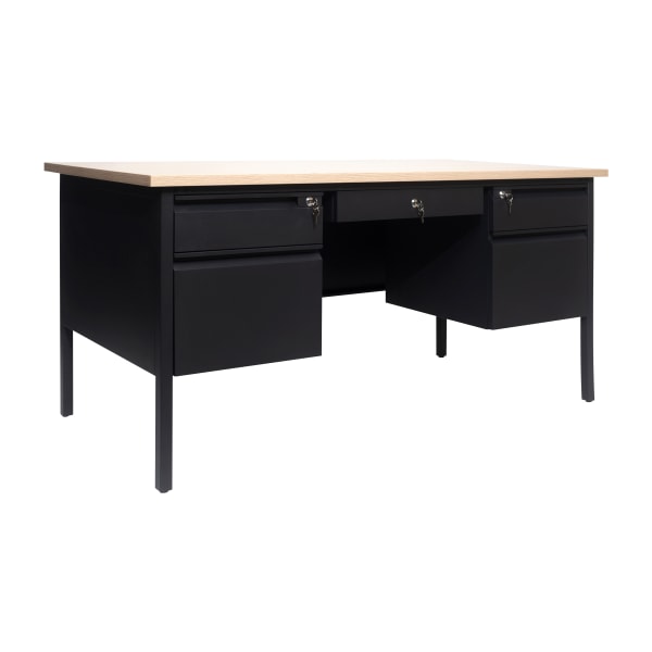 Flash Furniture Cambridge Commercial Grade Double Pedestal 60inW x 30inD Desk with Locking Drawers and Metal Frame, White Oak