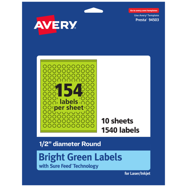 Avery Print-To-The-Edge Labels With Sure Feed Technology And Easy Peel Label Feature, 94503-BGP10, Round, 1/2in, Matte Bright Green, Pack of 1540