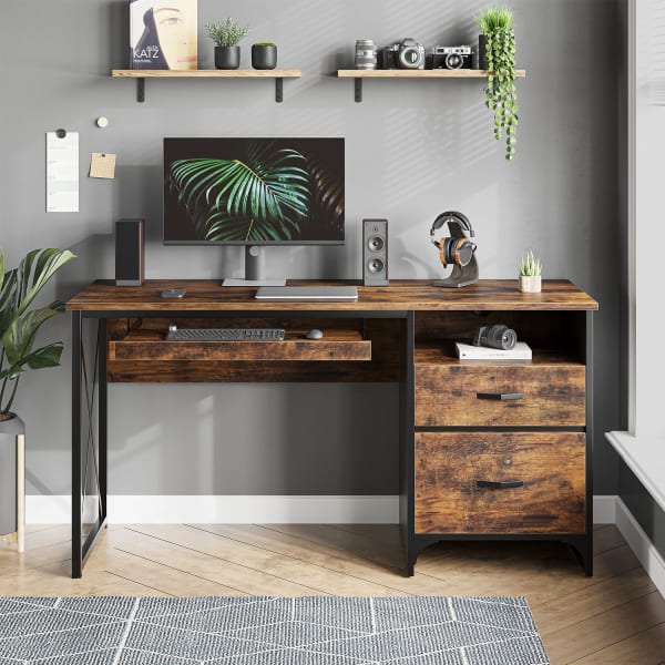 Bestier 56inW Office Desk With Drawers & Tray, Rustic Brown