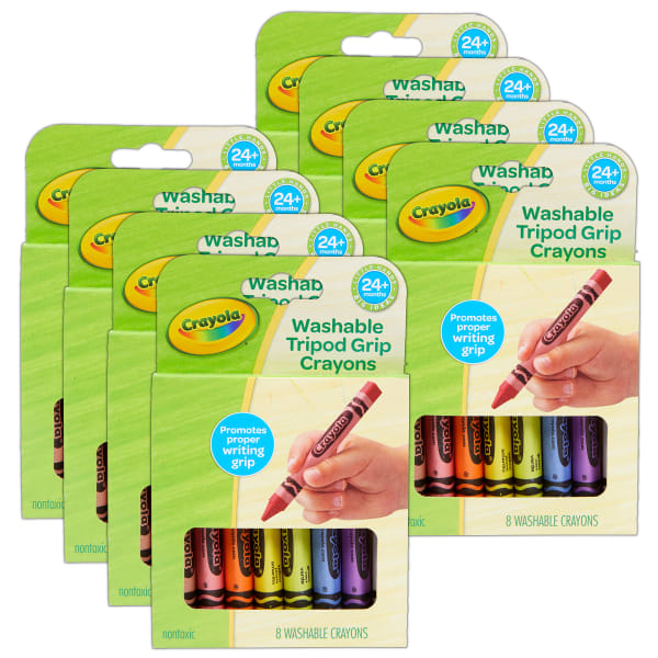 Crayola Washable Tripod Grip Crayons, 4in, Assorted Colors, 8 Crayons Per Pack, Bundle Of 8 Packs