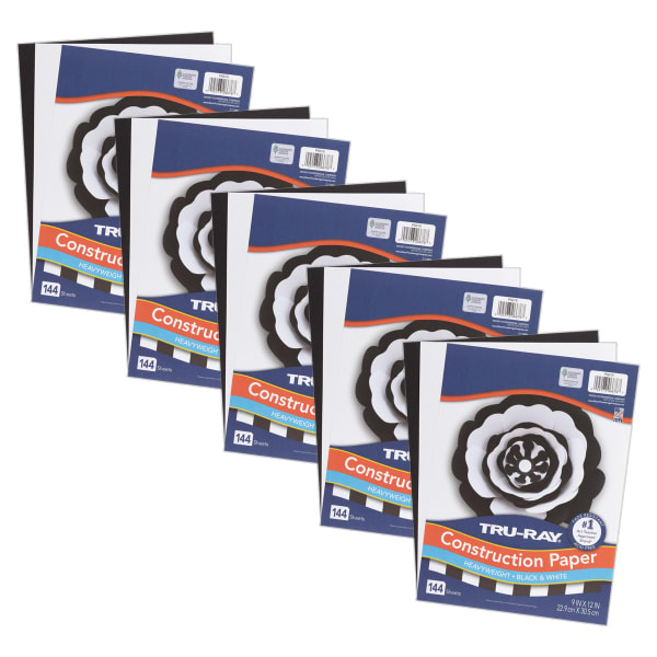 Tru-Ray Construction Paper, Heavyweight, 9in x 12in, Black & White, 144 Sheets Per Pack, Set Of 5 Packs