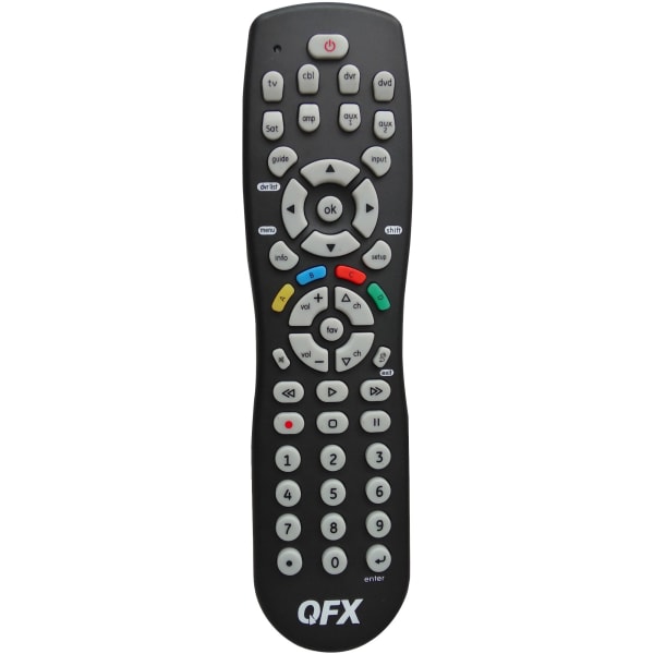 QFX 8-in-1 Universal Remote with Glow-in-the-Dark Buttons - For TV, DVD Player, VCR, VCD Player, CD Player, Audio Receiver, Cable Box, DVR, Satellite Box - Infrared - BatteryBlack