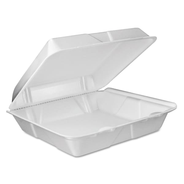 Dart Foam Hinged-Lid Containers, Vented, 3inH x 9inW x 9-7/16inD, White, 100 Containers Per Pack, Carton Of 2 Packs