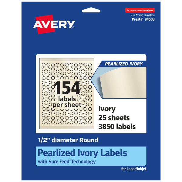 Avery Pearlized Permanent Labels With Sure Feed, 94503-PIP25, Round, 1/2in Diameter, Ivory, Pack Of 3,850 Labels