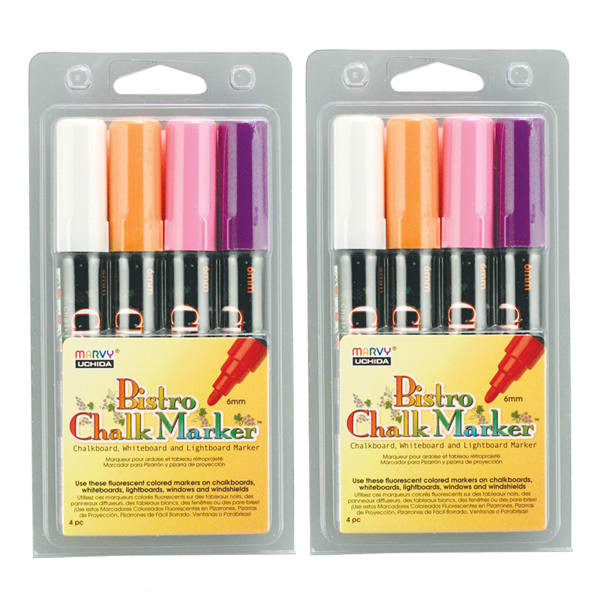 Marvy Uchida Bistro Chalk Markers, Broad Point, 6mm, Black Barrels, Fluorescent Inks, Set Of 8 Markers