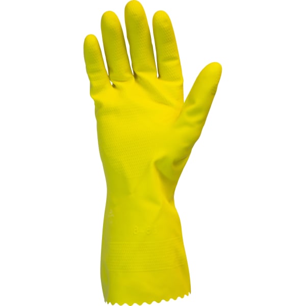 Safety Zone Yellow Flock Lined Latex Gloves - 18 mil Thickness x 12in Glove Length - Chemical Protection - X-Large Size - Yellow - Fish Scale Grip, Flock-lined - For Dishwashing, Cleaning, Meat Processing - 1 Dozen