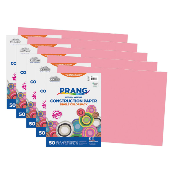 Prang Construction Paper, Medium Weight, 12in x 18in, Pink, 50 Sheets Per Pack, Set Of 5 Packs