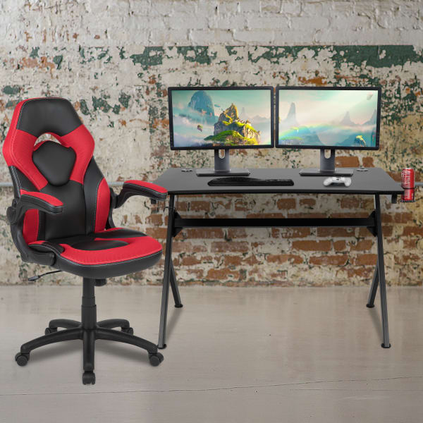 Flash Furniture Gaming Desk And Racing Chair Set With Cup Holder, Headphone Hook & 2 Wire Management Holes, Red