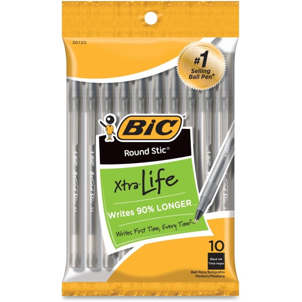 BIC Round Stic Xtra Life Ballpoint Pens, Medium Point, 1.0 mm, Translucent Black Barrels, Black Ink, Pack Of 10 Pens