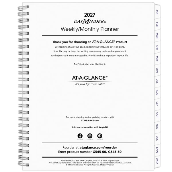 AT-A-GLANCE DayMinder Executive 2027 Weekly Monthly Refill for G545, Medium, 7in x 8 3/4in