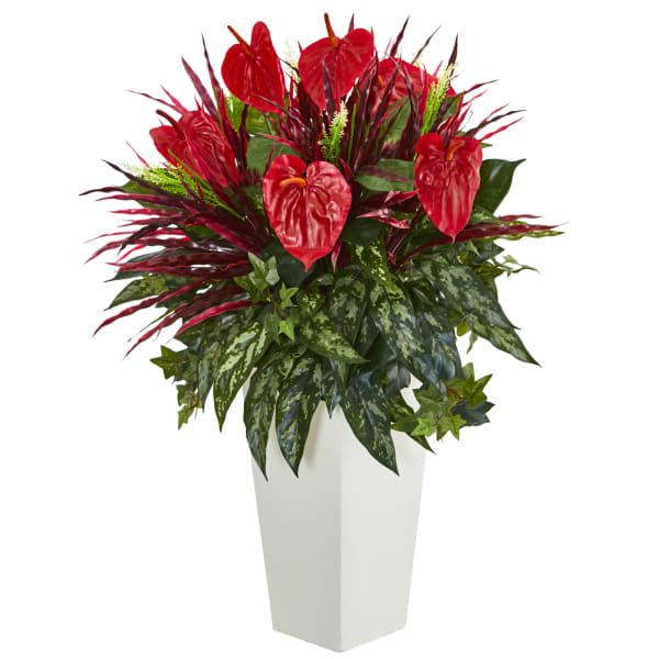 Nearly Natural Mixed Anthurium 33in Artificial Plant With Tower Vase, Red/White