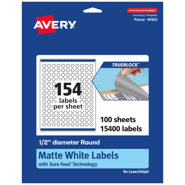 Avery Print-To-The-Edge TrueBlock Labels With Sure Feed, 94503-TWMP100, Round, 1/2in, Matte White, Pack Of 15400