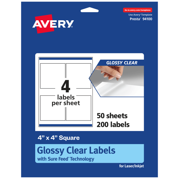Avery Glossy Permanent Labels With Sure Feed, 94100-CGF50, Square, 4in x 4in, Clear, Pack Of 200