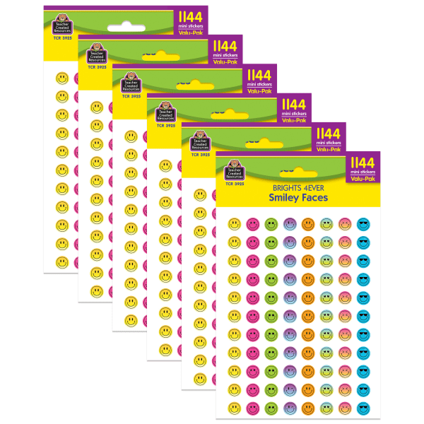 Teacher Created Resources Mini Stickers, Brights 4Ever Smiley Faces, 1,144 Stickers Per Pack, Set Of 6 Packs