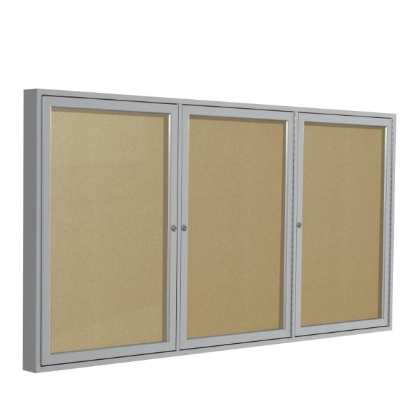 Ghent 3 Door Enclosed Vinyl Bulletin Board, Satin Aluminum Frame, 36inH x 72inW, Caramel