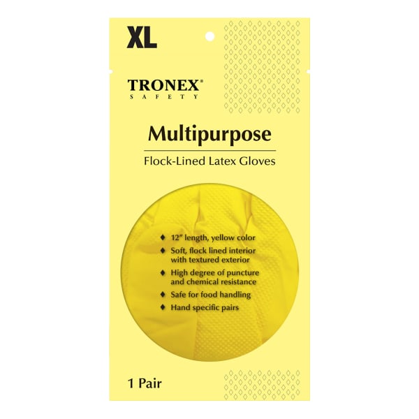 Tronex Flock-Lined Rubber Latex Multipurpose Gloves, X-Large, Yellow, One Pair
