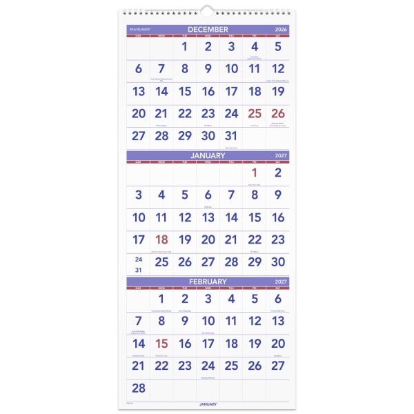 AT-A-GLANCE 2027 Three Month Reference Vertical Wall Calendar, Large, 12in x 27in