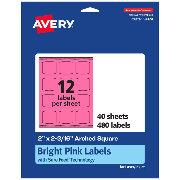 Avery Print-To-The-Edge Labels With Sure Feed Technology, 94124-BPP40, Arched Square, 2in x 2-3/16in, Matte Bright Pink, Pack of 480