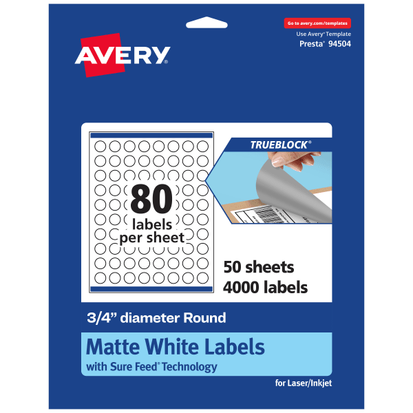 Avery Print-To-The-Edge TrueBlock Labels With Sure Feed, 94504-TWMP50, Round, 3/4in, Matte White, Pack Of 4000