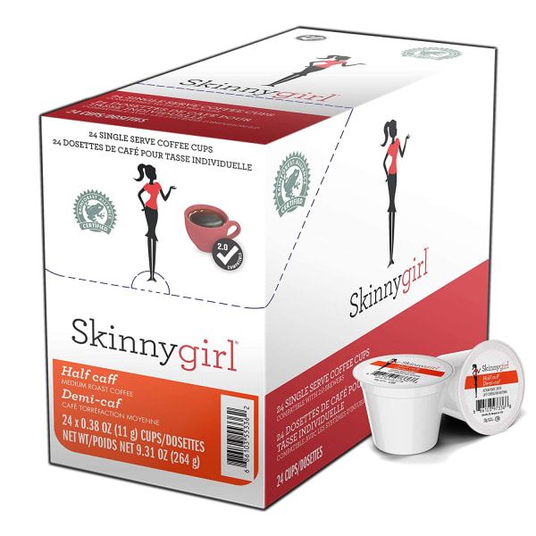 Skinnygirl Single-Serve K-Cup Coffee, Half-Caff Reduced Caffeine Medium Roast, Box Of 24 Pods