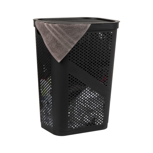 Mind Reader 60L Laundry Hamper Clothes Basket with Lid, 23-1/2inH x 13-3/4inW x 17-1/4inL, Black