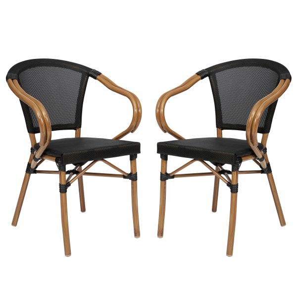 Flash Furniture 2 Pack Marseille Indoor/Outdoor Commercial Bistro Stacking Chair with Arms, Textilene and Bamboo Print Aluminum Frame, Black/Natural Frame
