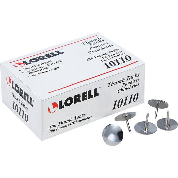 Lorell 5/16in Steel Thumb Tacks, Silver, Pack of 100